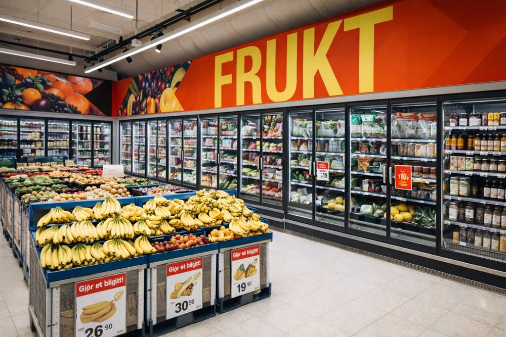 Dagligvarebutikk med frukt- og grøntavdeling og kjøledisker langs veggen