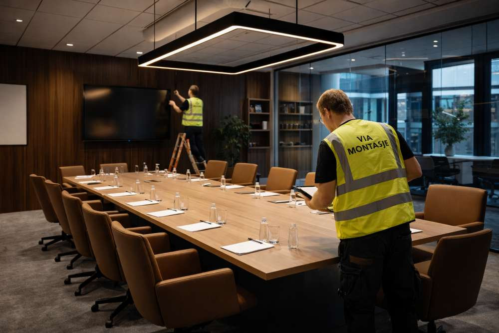 Montører fra Via Montasje gjør klart et konferanserom med langt møtebord og taklampe