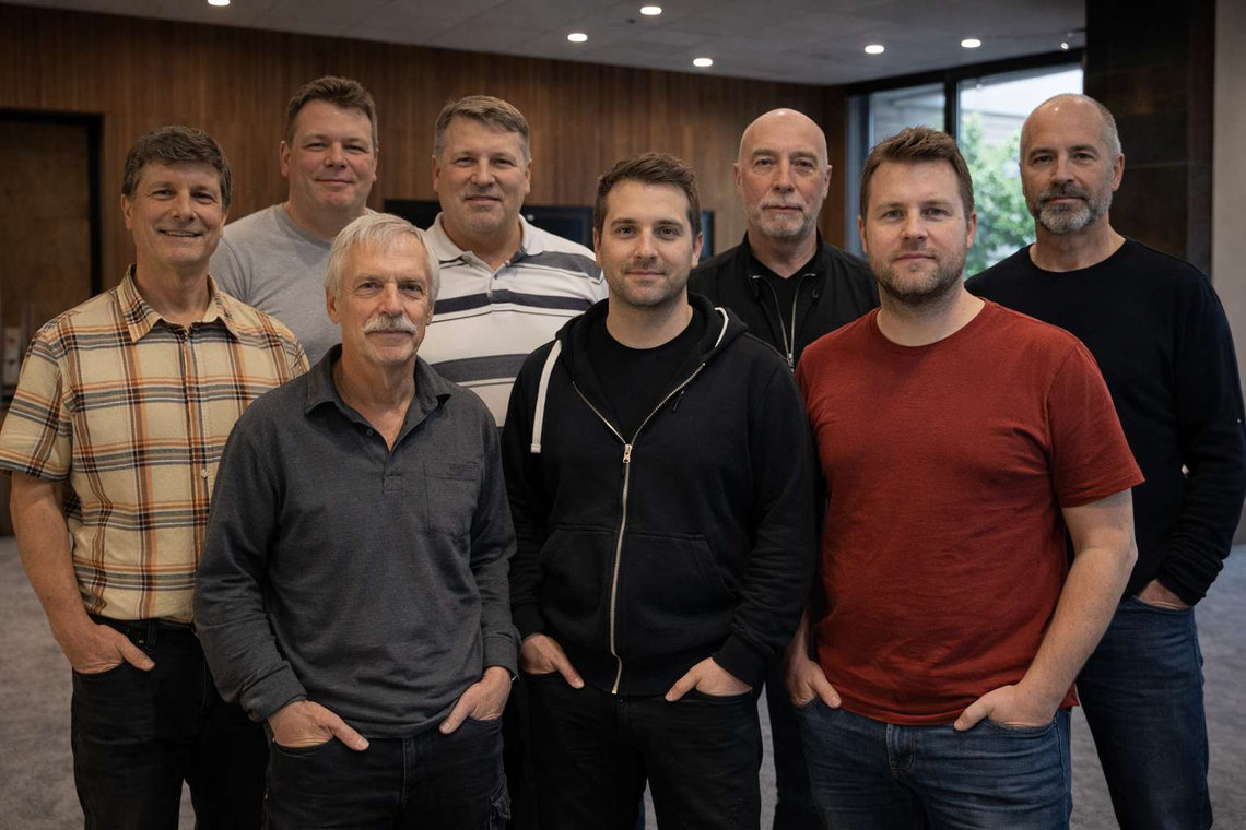 Hele teamet i Via Montasje AS samlet til gruppebilde utenfor et bygg
